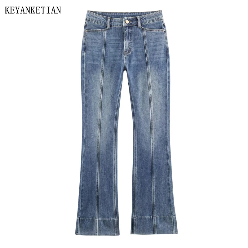 

KEYANKETIAN 2026 Spring New Women's Seam Detail Decoration Flared Jeans Zipper High Waist Slim Fashion Trousers Stretch Jeans