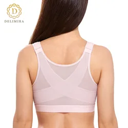 DELIMIRA Women's Plus Size Full Coverage Front Closure Wire Free Back Support Posture Bra X-shape Back D DD E F G