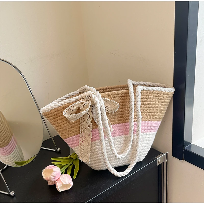 

New Contrast Striped Bag Large Capacity Fashionable Woven Bag Bucket Bag Seaside Holiday Beach Bag Casual Commuting Shoulder Bag