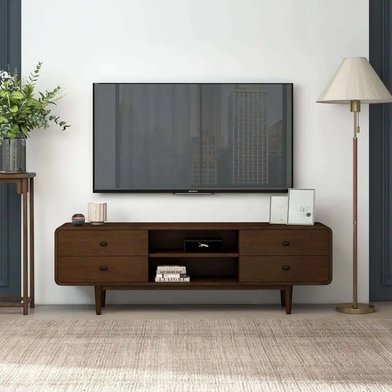 

Mid Century Modern TV Stand, Walnut Finish, Solid Wood, 23"H x 71"W x 16"D, Perfect for Bedroom, Hallway, Entryway, Closet