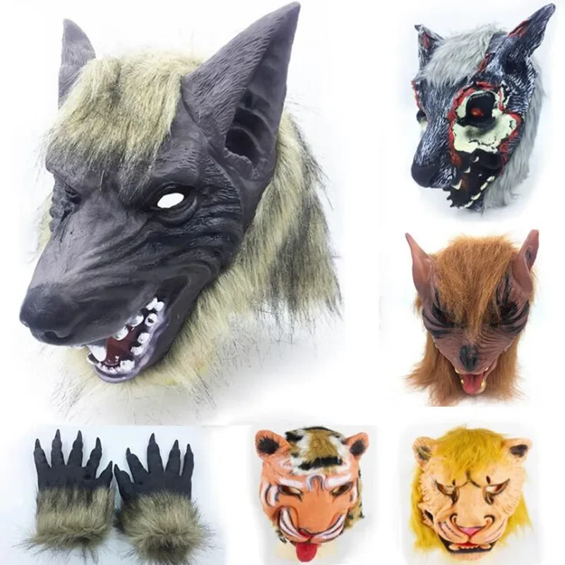 Scary Animals Wolf Lion Tiger Head Cover Masks Gloves Adults Men Women Cosplay Performance Masquerade Props Party   Halloween