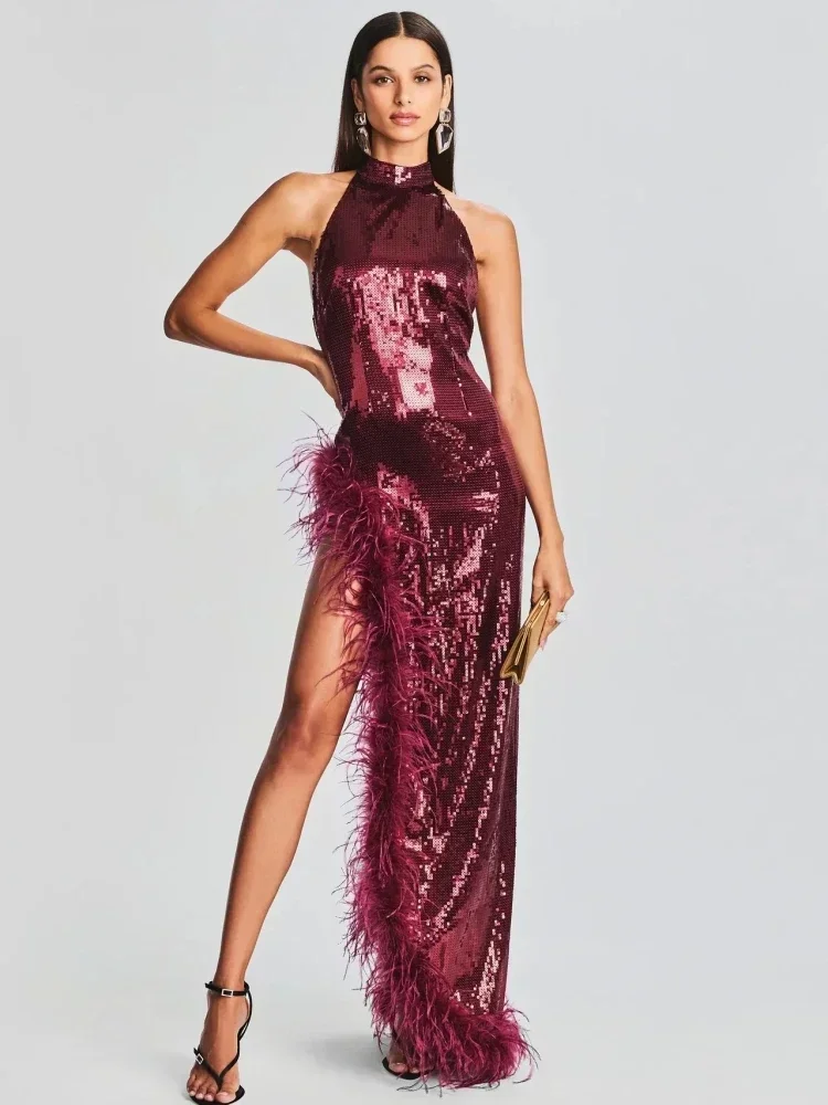 

2024 Sexy Halter Luxury Feather Sequin Long Dress Women Wine Red Sleeveless Backless High Slit Maix Celebrity Evening Christmas