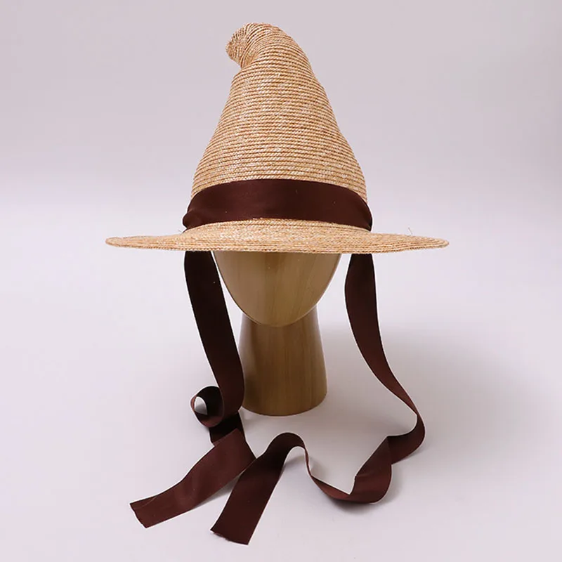 Women Pointed Witch Straw Hat Wide Brim Sun Hat Brown Ribbon Lace-up Halloween Cosplay Party Costume Beach Travel Headwear Caps