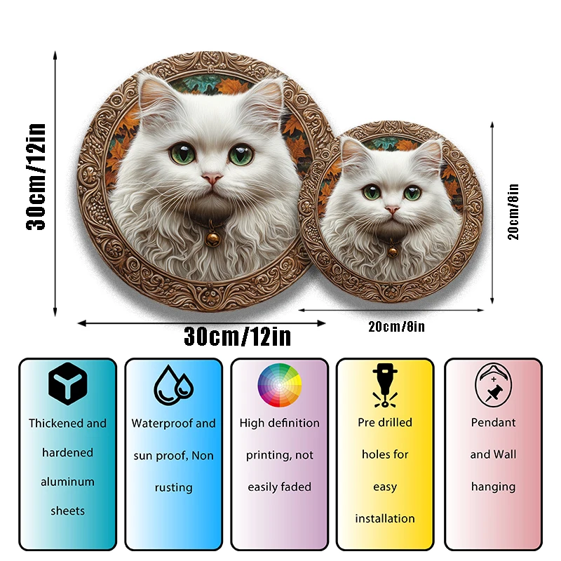 Ornamentos para animais de estimação de gato Angora - Pinturas decorativas circulares de alumínio à prova d'água |   Lápides de lembrança de animais de estimação personalizados