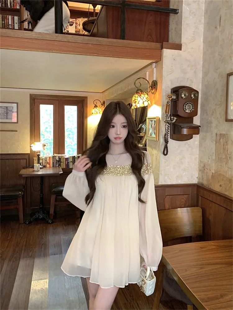 Sheer Mesh Pailletten Patchwork Beige Chiffon Super Mini Kleid Frühling Sommer Frauen Lange Laterne Hülse Kurze Lose Party Kleid