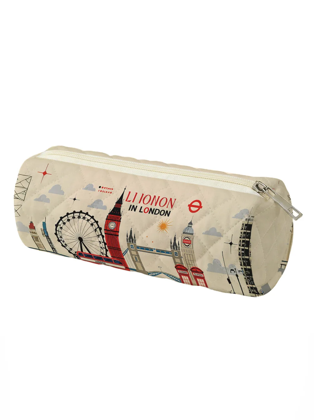 London Landmark Print Quilted Cylindrical Pencil Case, Zipper Stationery Pouch For Student School Supplies view 5