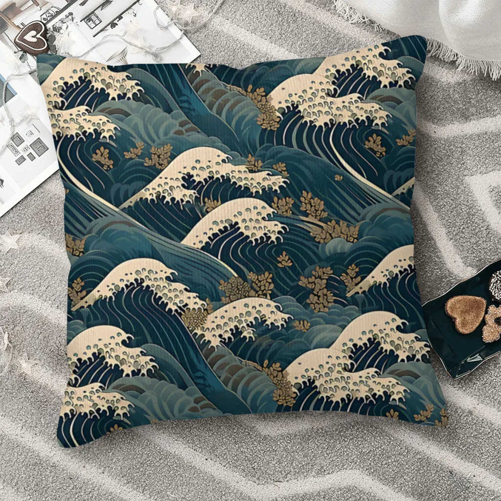 The Great Wave Off Kanagawa  Polyester Cushion Cover For Bedroom Car Decorative Kawaii