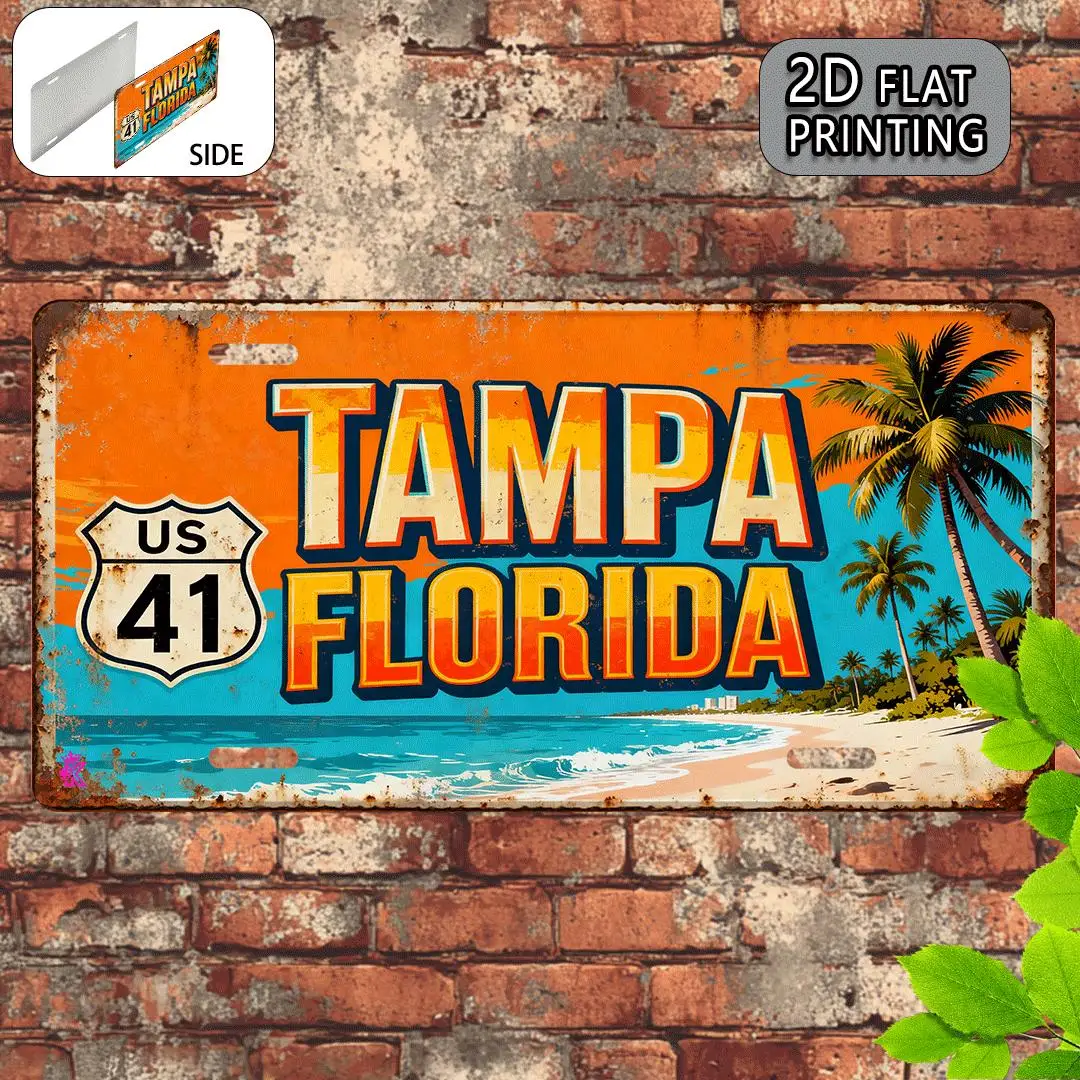 Plaque murale en métal vintage 2D plate, 1 pièce, Tampa Florida - 30,48x15,24 cm, design rétro Route 41 -19, plaque d'immatriculation routière avec Pal