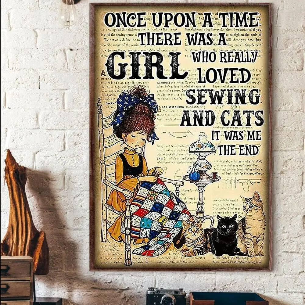 Metal Art Outdoor Vintage Metal Tin Sign There was A Girl Who Really Loved Sewing and Cats Poster Tin Sign Poster Vintage Metal