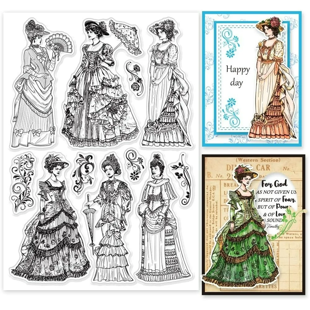 Vintage Victorian Lady Clear Stamps for Cards Making Retro Dress Woman Clear Stamp Seals 5.83x8.27inch Transparent Stamps