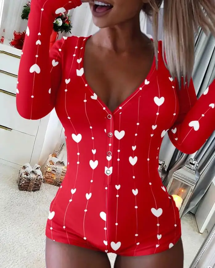 Heart shaped letter pattern V-neck long sleeved jumpsuit, fashionable and sexy button up front, home jumpsuit, 2025 new style