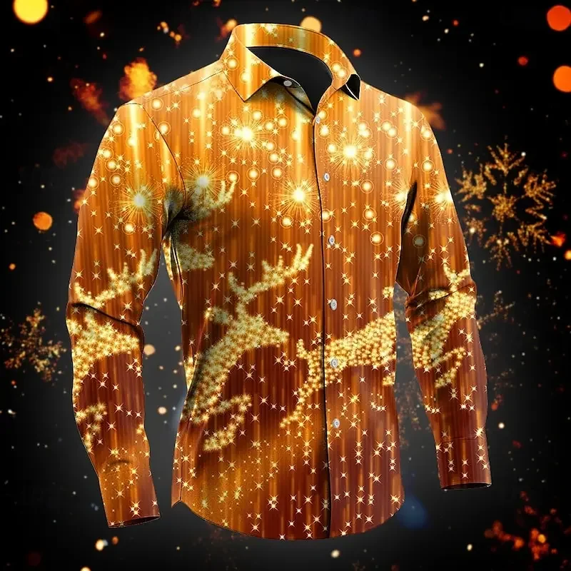 

Hot selling manufacturer direct sales golden deer Christmas style 3D digital casual shirt 2024 fashionable long sleeved top for