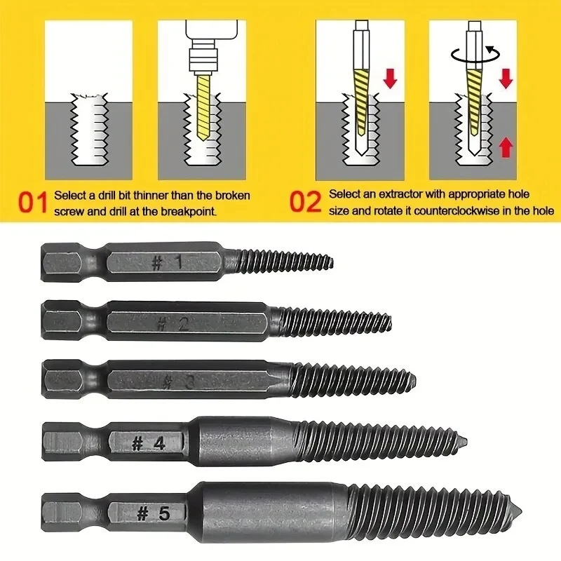 5pcs Screw Extractor Center Drill Bits Guide Set Broken Damaged Bolt Remover Hex Shank And Spanner For Broken Hand Tool Hot Sale