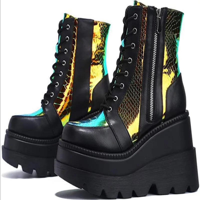 

Spring and Autumn 9.5cm Thick Sole Color Blocked Women's Boots with Sloping Heels Pump Mid Calf Boots Plus Size, 35-43