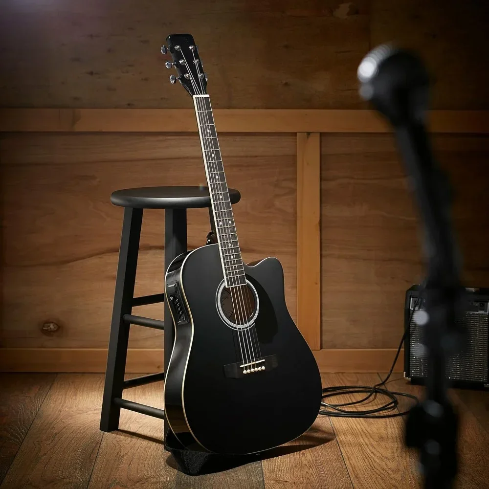 Full-Size Cutaway Thinline Acoustic-Electric Guitar Package - Premium Tonewoods - Black，Hand Orientation	Right