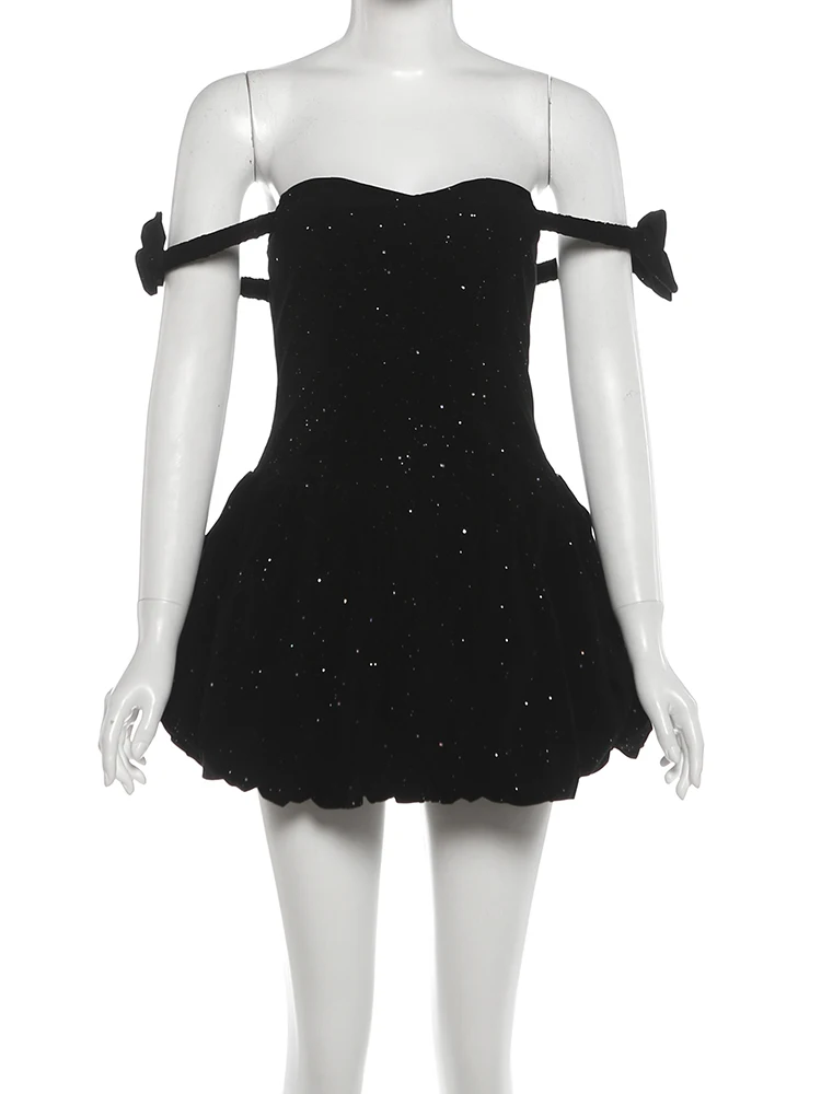 Siserlinda クリスマスファイングリッタードレス女性スラッシュネックノースリーブふわふわ裾折り目スリムファッションスイートエレガントパーティーボディコン