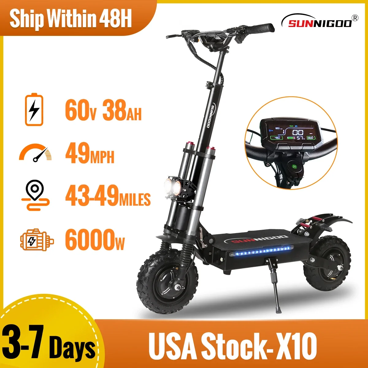 SUNNIGOO Adult Electric Scooter Dual Motor 6000W Maximum Speed 49Mph, 60V38AH ,11-inch Off-road Tires Sport Folding eScooter