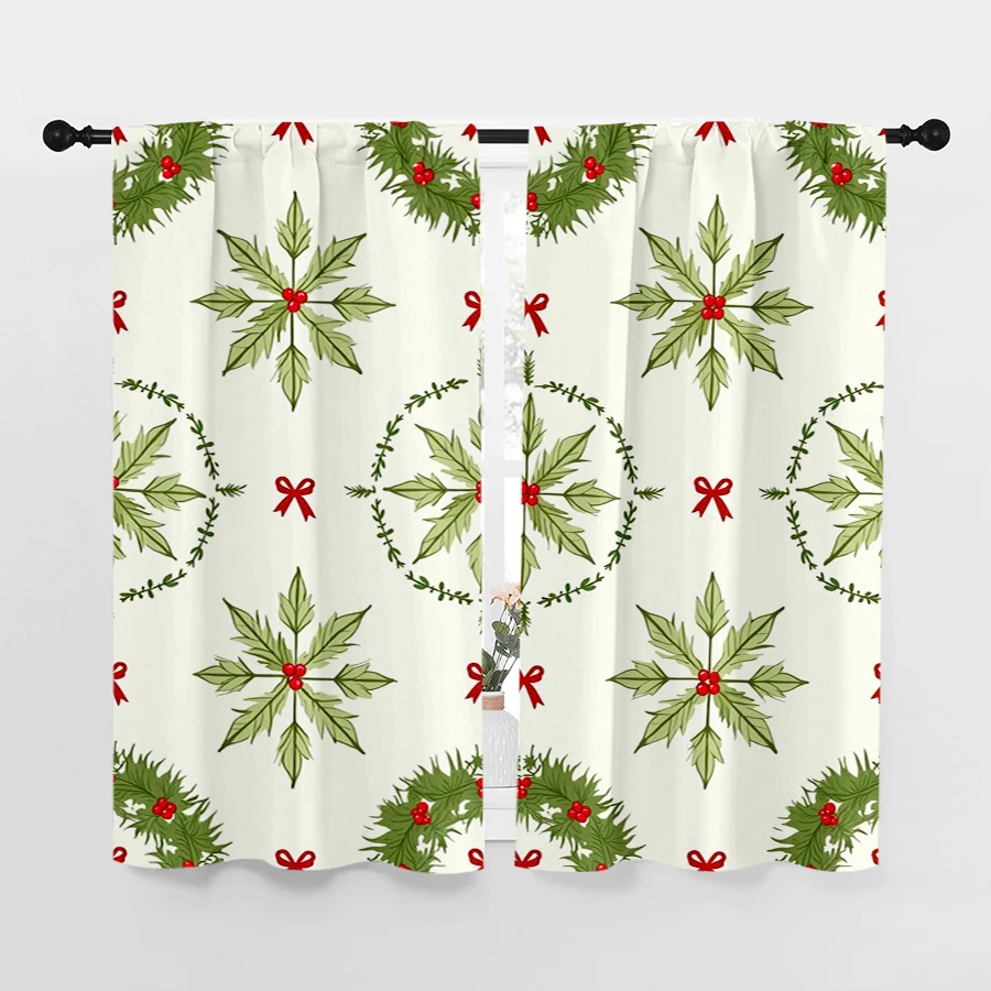 2PCS Christmas Digital Print Curtains, White BG Green Holly Red Berries Repeating, Fresh for Living Room Bedroom Window Decor