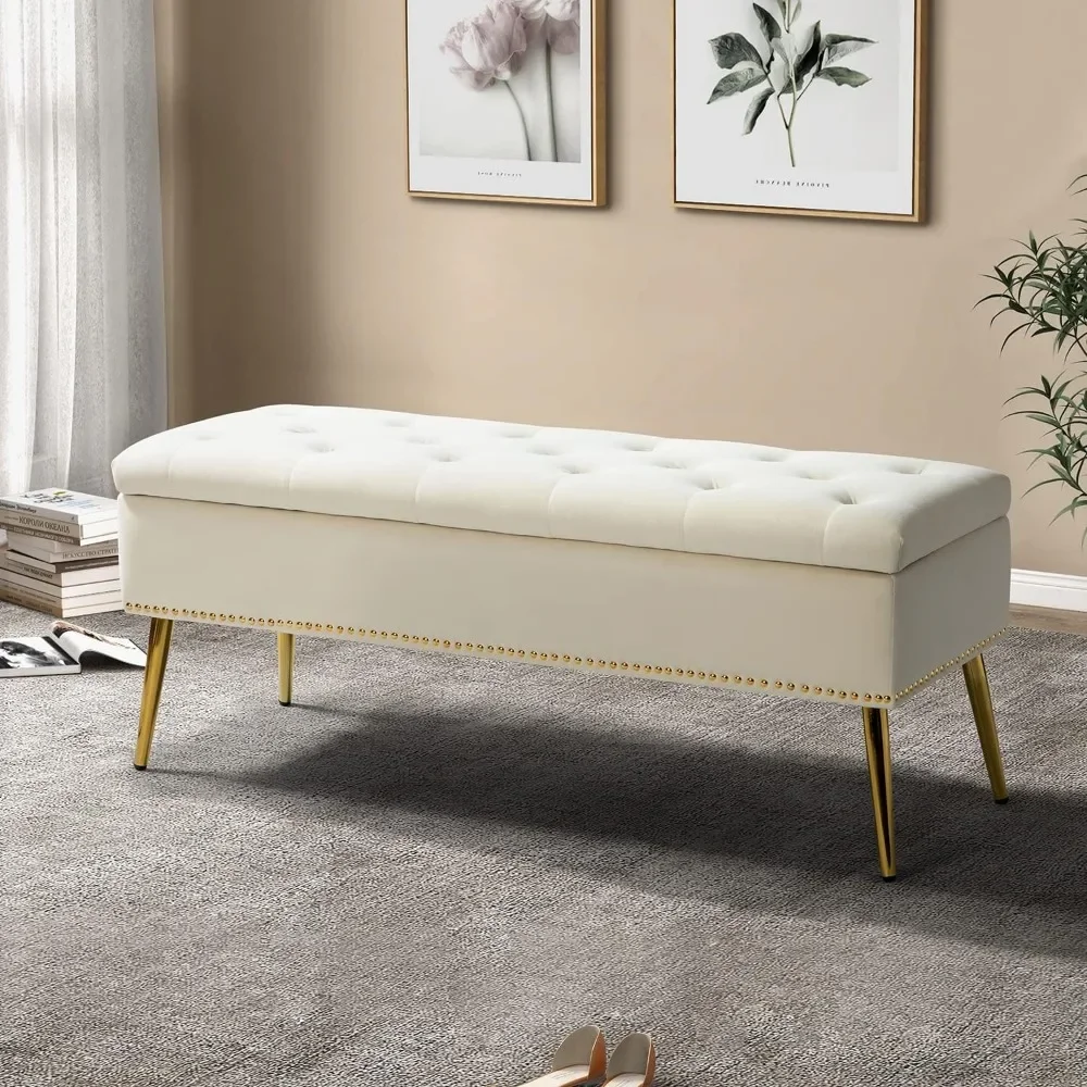 Velvet Storage Bench with Gold Base and Nail Head Decoration, Soft Padded Bedroom Bench At The End of Bed, Footstool,ivory Color