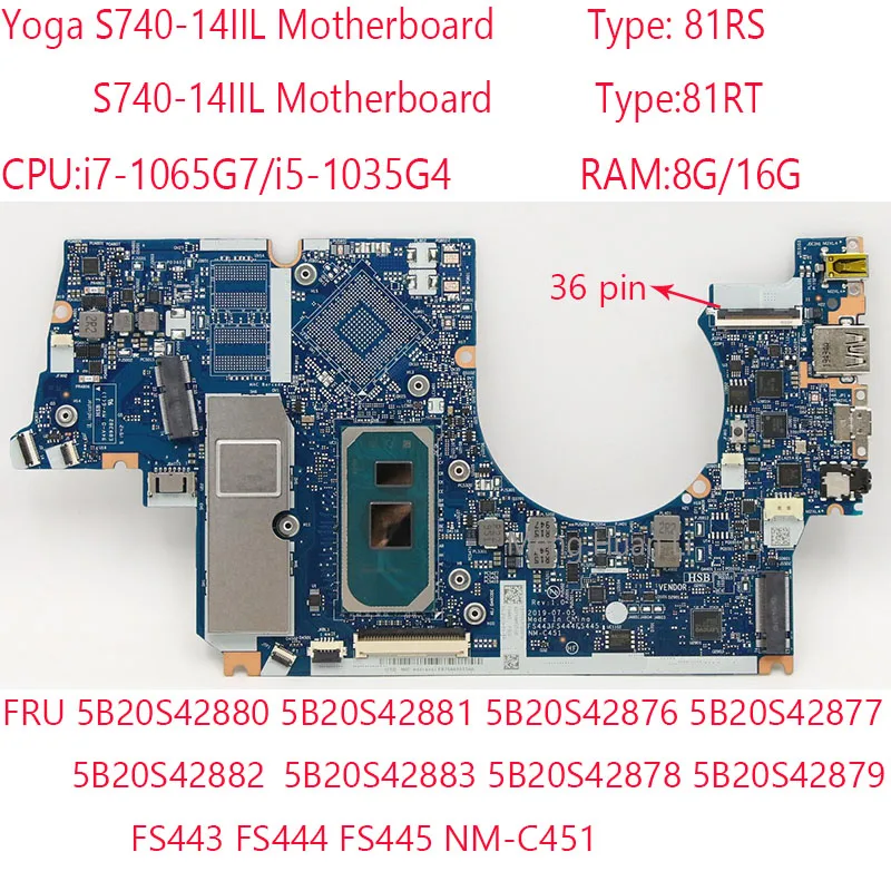 

NM-C451 S740-14IIL материнская плата 5B20S42880 5B20S42876 5B20S42882 5B20S42878 для Yoga S740-14IIL 81RS 81RT i5/i7 8G/16G FHD teнаклек