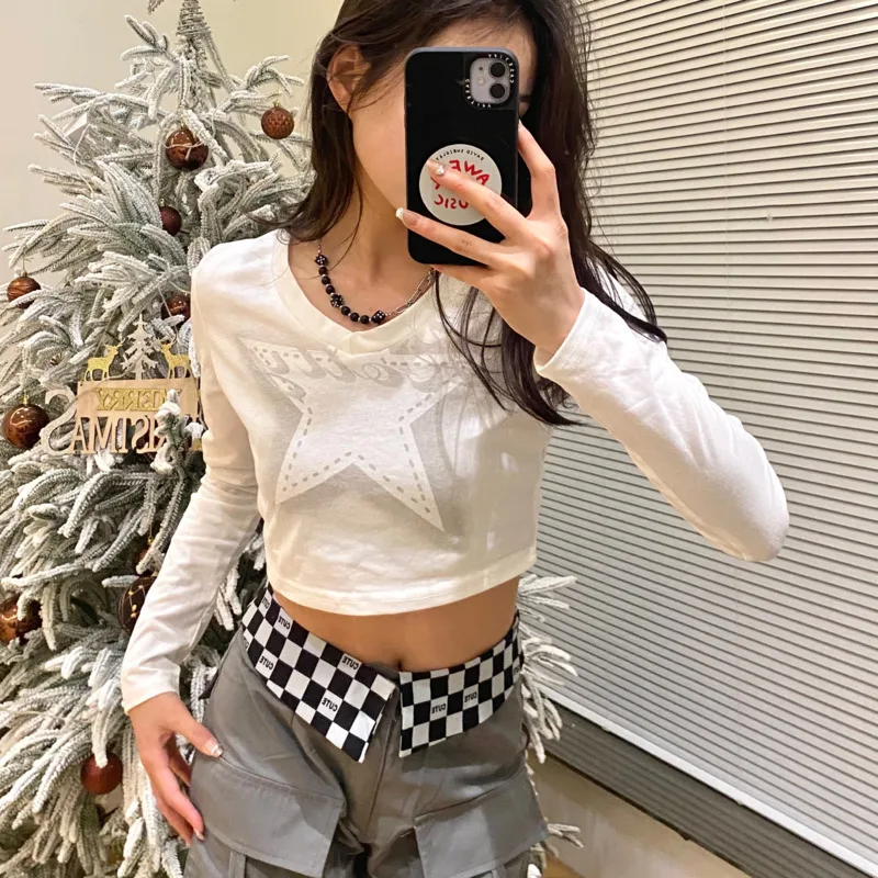 Y2k Girl Star Print Long Sleeve Short Top 2000s Grunge Harajuku T-shirt Youthful Women Pulovers White Crop Top Casual Tees Shirt