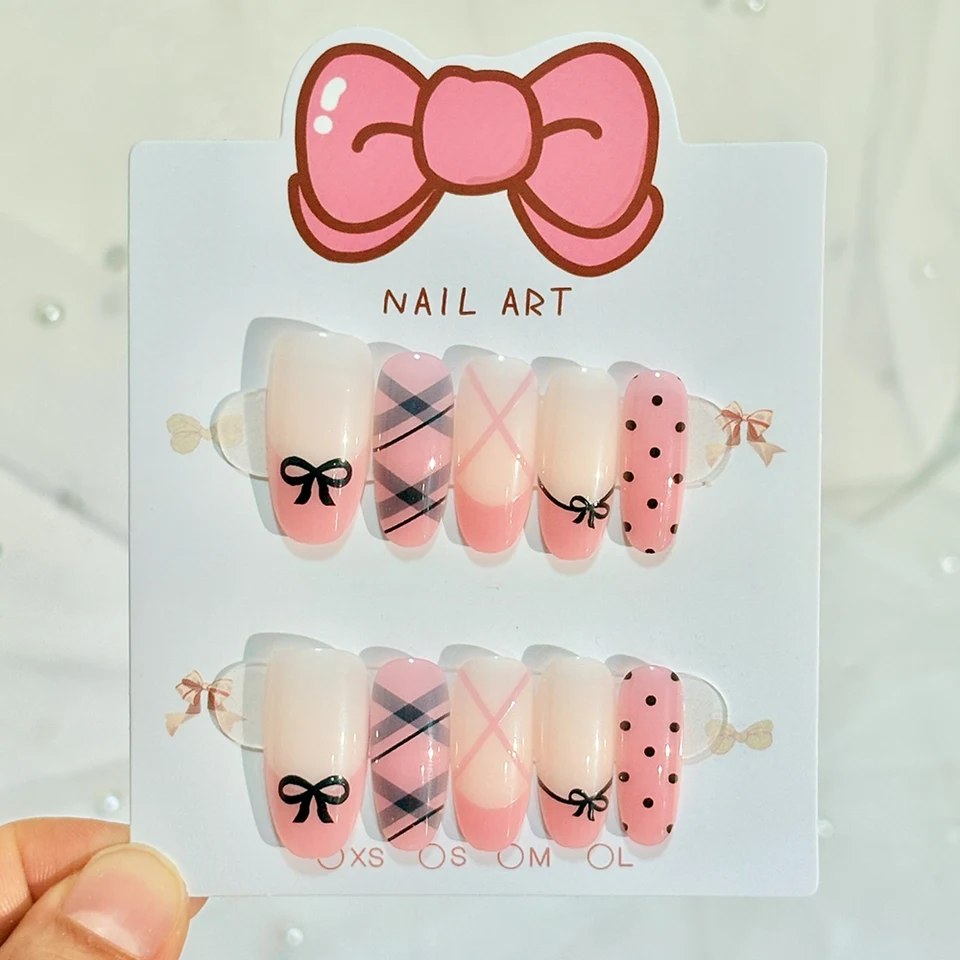 120pcs uñas postizas kawaii francesas con cuadros y lunares, ovaladas medianas, puntas press-on con flores de primavera y cerezas 3