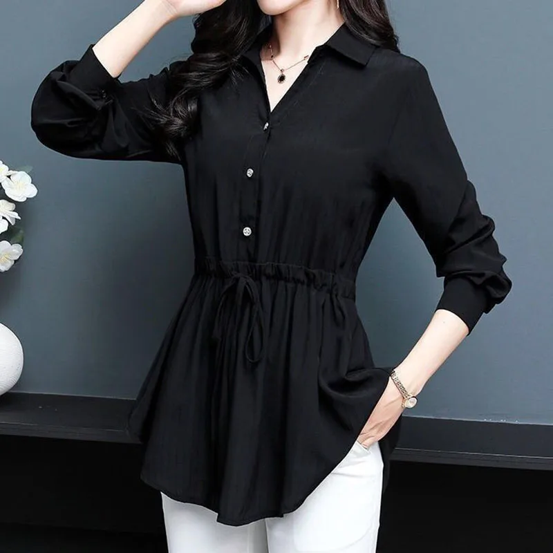 Elegant V-Neck Folds Loose Shirring Bow Lace Up Shirt Women's Clothing 2022 Autumn New Oversized Casual Tops Office Lady Blouse