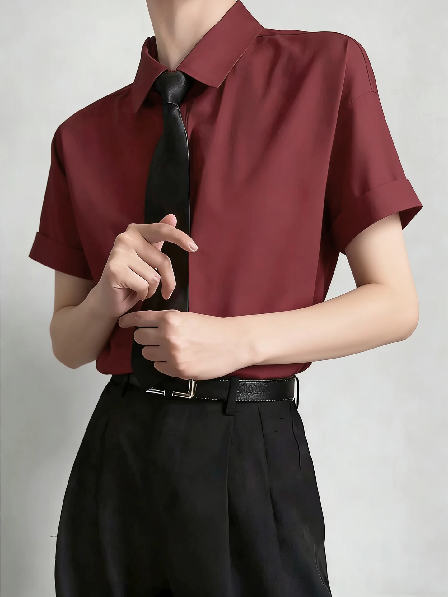 

Short Sleeve Men's Shirt Youthful Style Wine Red Casual Wear Polyester Fabric Breathable Summer Fashion College Style