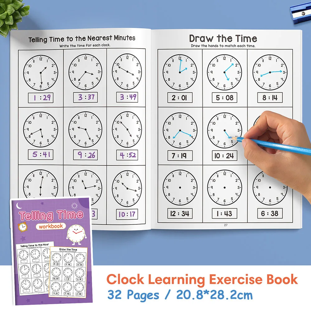 32 Pages Telling the Time Practice Reading Clocks Workbook Clocks, Hours,Minutes, Digital and Analog Clocks