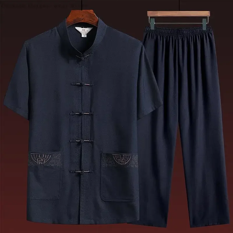 الأزياء الصينية التقليدية الرجال الصيف تانغ الملابس Hanfu مجموعة قصيرة الأكمام قميص وبانت الوطنية الووشو الكونغ فو تاي تشي موحدة