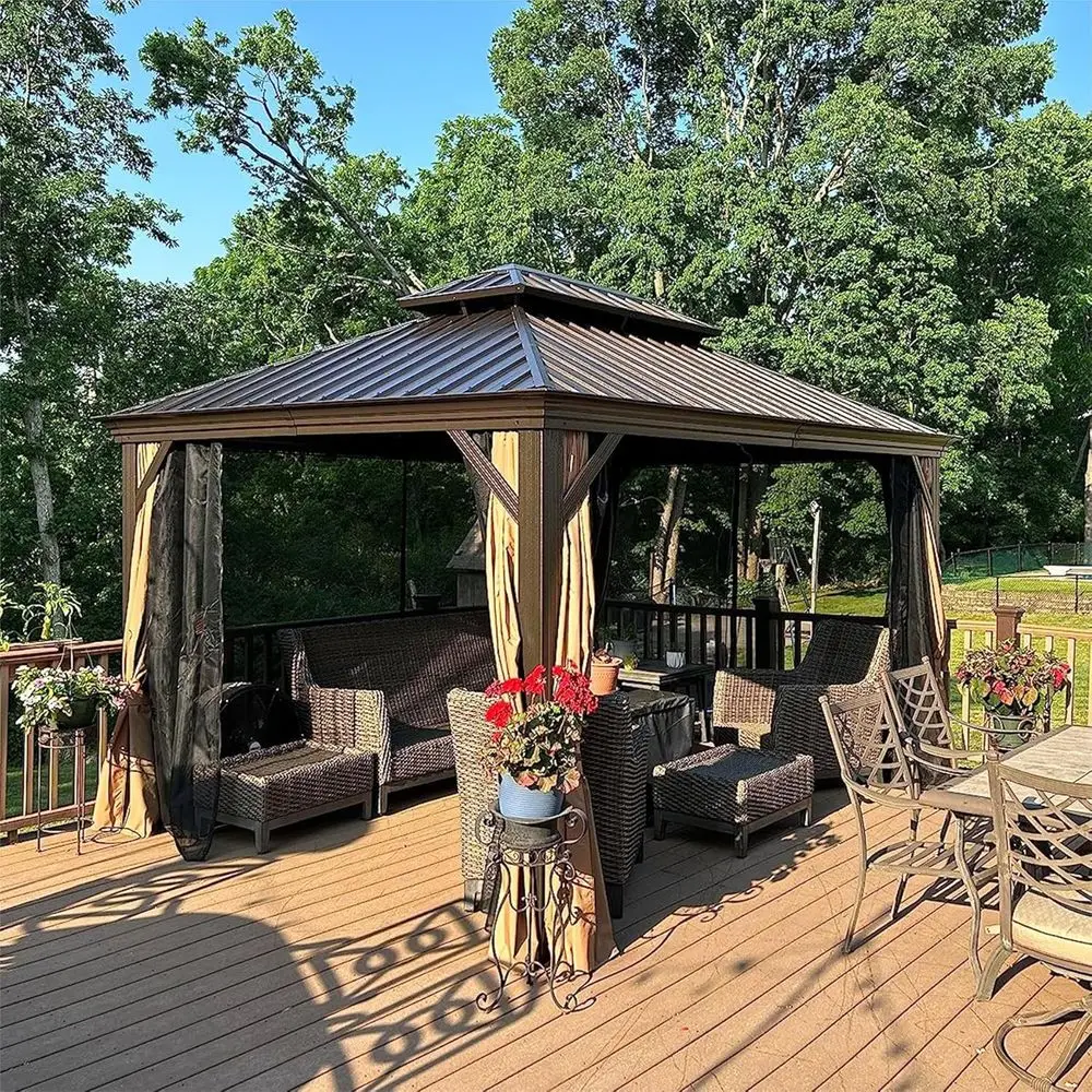 

Domi 10’x12’ Hardtop Gazebo with e, Outdoor Metal Gazebo with Galvanized Steel Double Roo, Heavy Duty Curtains and Netting Inclu