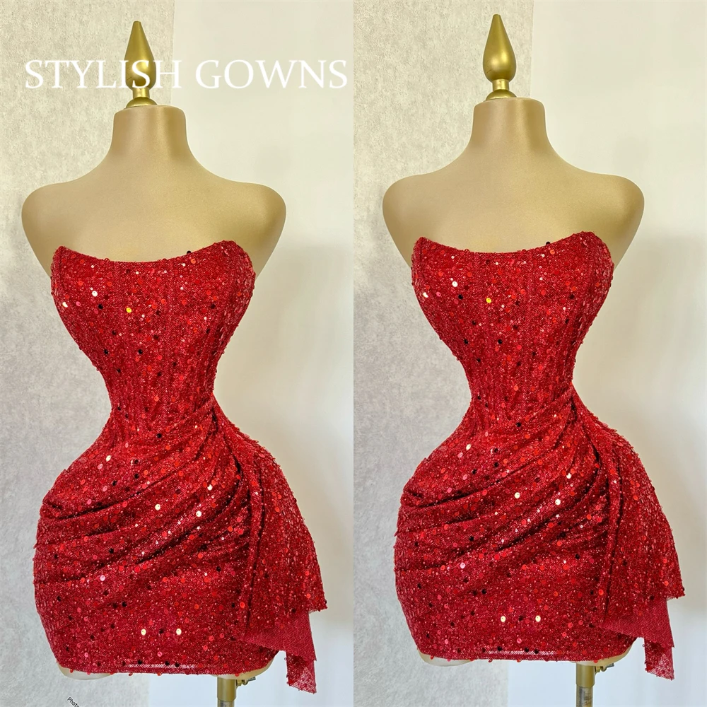 

Red Sequin Short Prom Dresses For Black Girl Pleats Birthday Dress Women 2024 Strapless Mermaid Party Gown Customized