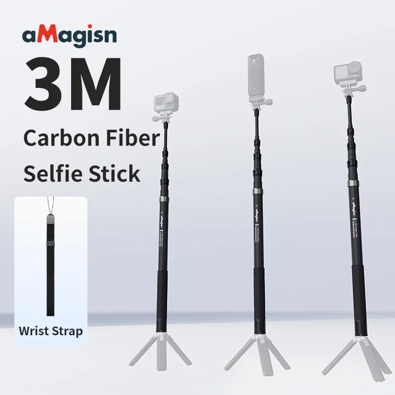 aMagisn 3M Carbon Fiber Selfie Stick for Insta360 X4 X3 Gopro Hero 13 12 11 10 DJI OSMO 5 4 Lightweight Invisible Selfie Stick