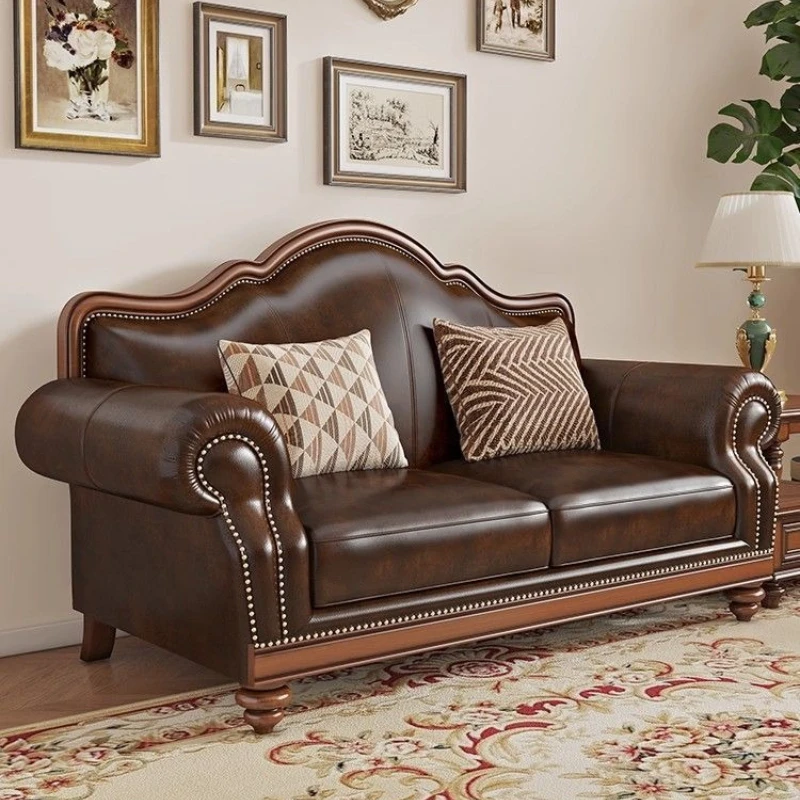Amerikanisches Holzsofa, Retro-Ledersofa, hochwertiges Luxussofa, europäisches Inline-Haussofa, 3-Sitzer für Wohnzimmer, Wohnzimmermöbel