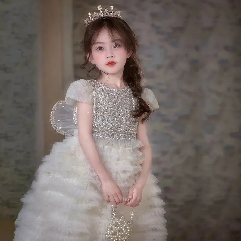 

Girls Princess New Summer 2025 Dress Children's Silver Sequin Bow Baby Cake Dress Kids Birthday Party Dress Wedding Party Dress