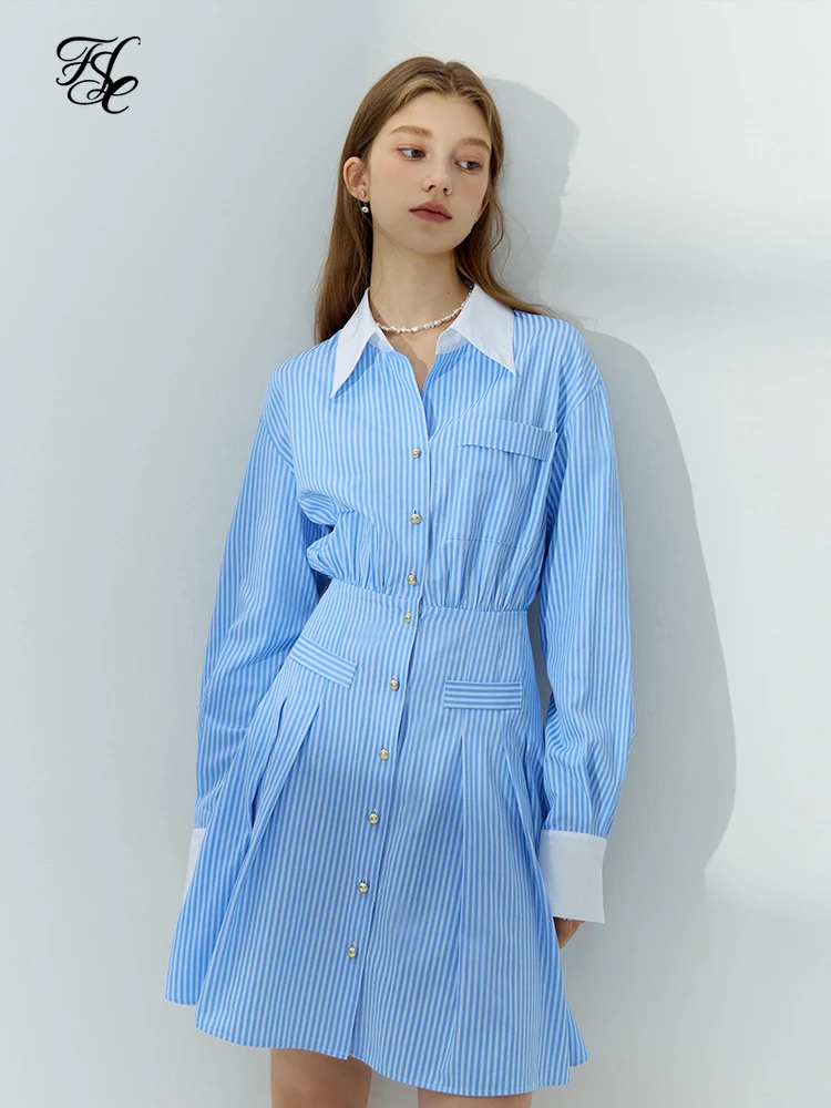 

FSLE Polo Neck Women Autumn Long Sleeve Shirt Dresses High Waist Back Elastic Waist Design Women Above-Knee Length Stripe Dress