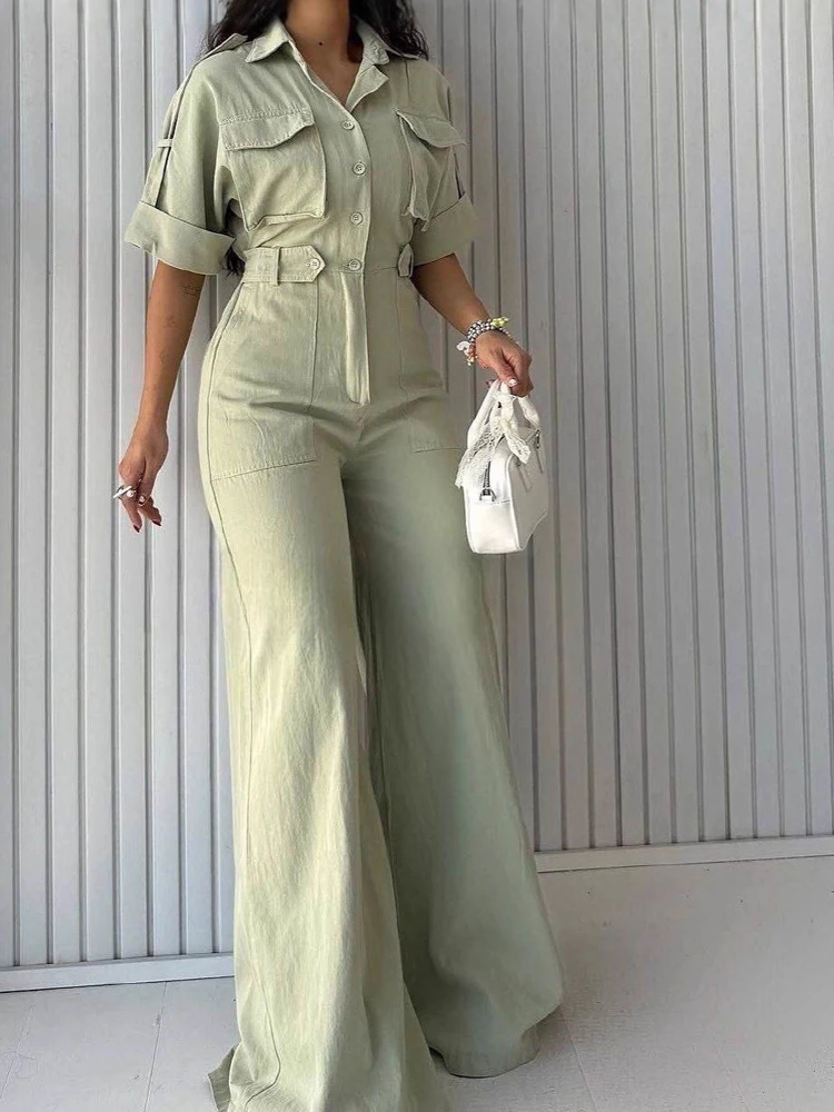 

Women Casual Half Sleeve Solid Color Party Playsuit Elegant Hight Street Waist Romper Fashion Lapel Collar Button Long Jumpsuit