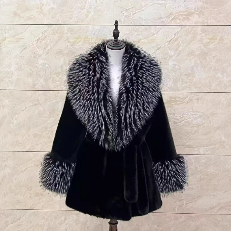 Golden Mink Faux Mink V-neck Waist Warm Medium-length Outerwear 2026 Winter New Fashionable Solid-color Leopard Print Fur Jacket