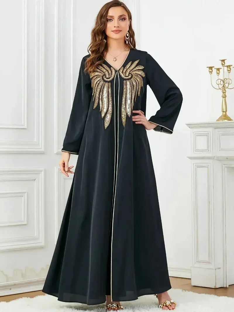 Korálkový abaya 2se kusu pro ženy vyšívané večírek islámské dlouhé šaty ramadánu muslimové dubaj soumrak šaty marocké kaftan černá
