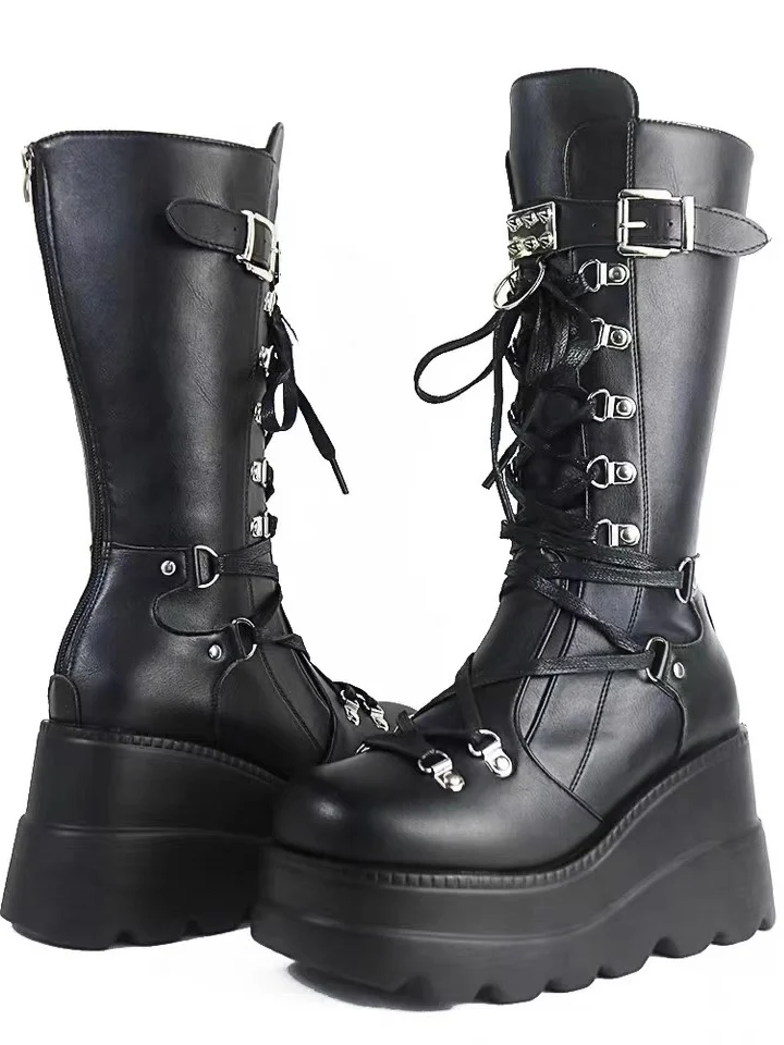 Gothic Punk Style Thick Heel Middle Tube Knight Boots for Women Elegant Fashionable Women's Shoes with Zipper round Toe Boots