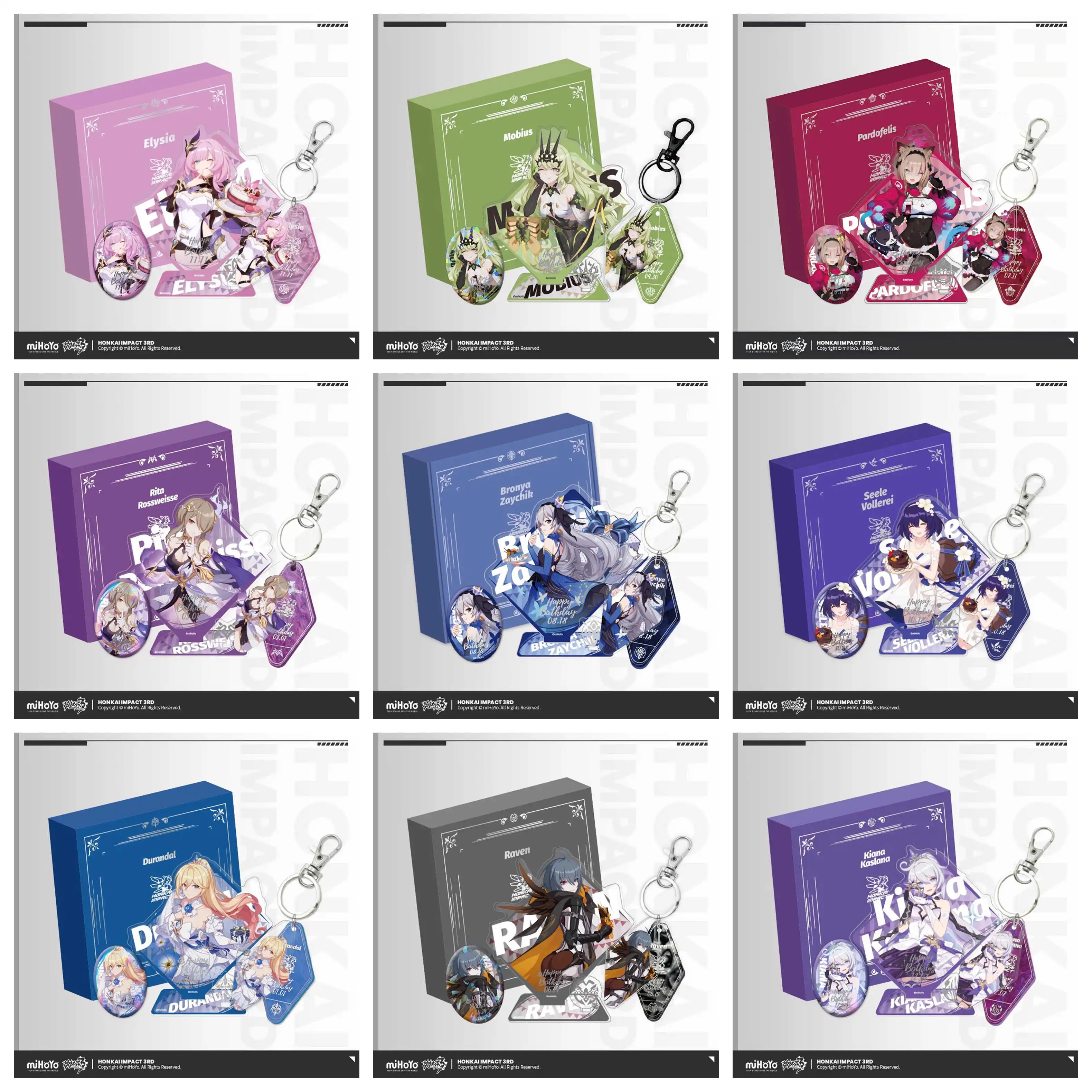 [Genuine] Honkai Impact 3RD VALKYRIES Birthday Gift Box Vol.1 Kiana Elysia Mobius Seele Stand Pendant Badge Xmas Gift miHoYo Cos