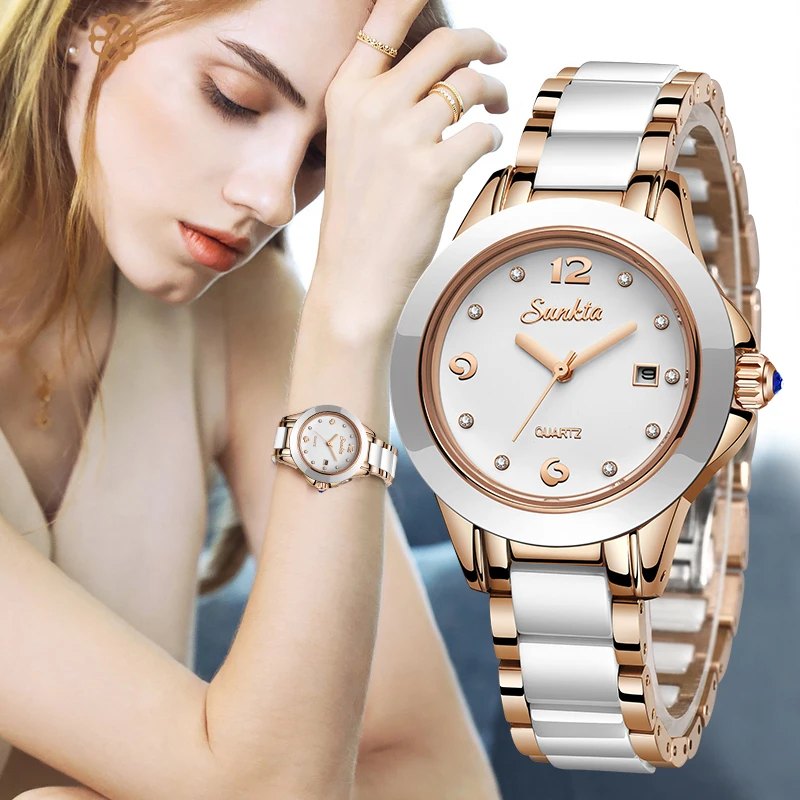 

SUNKTA Fashion Women Ceramic Watches LIGE Brand Ladies Bracelet Watches Waterproof Quartz Watch Woman Date Clock Reloj Mujer Box