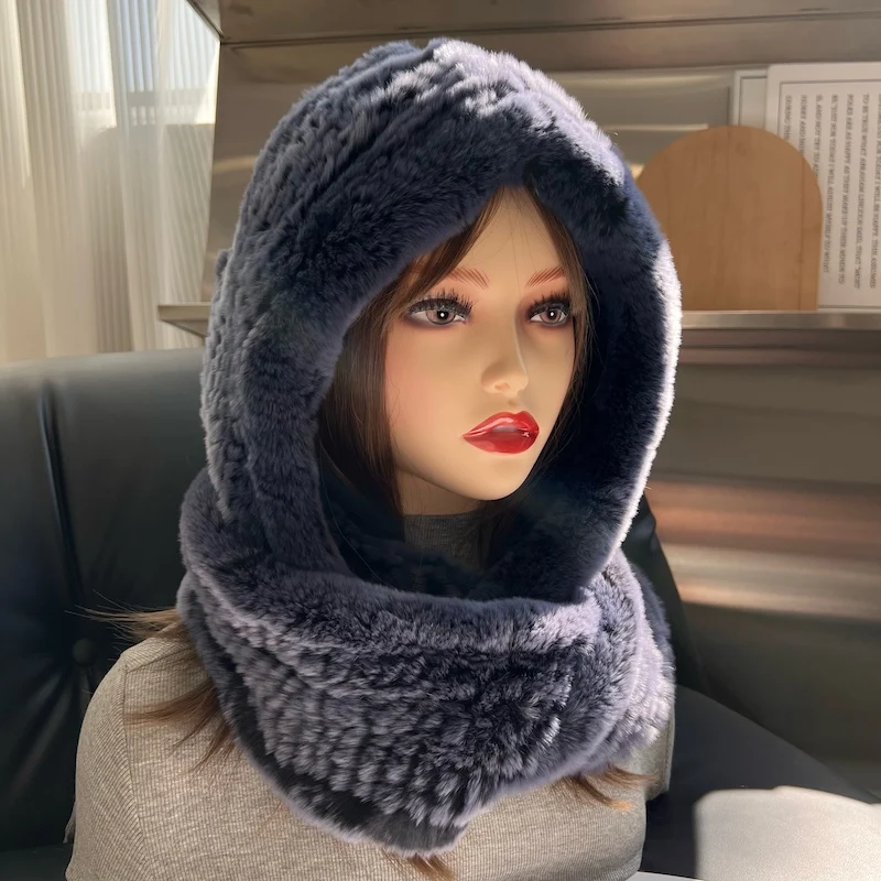 Winter Real Rex Rabbit Fur Woven Scarf Hat Outdoor Thickened Ear Protection Hat For Women Fashion Knitted Fur Hooded Scarves