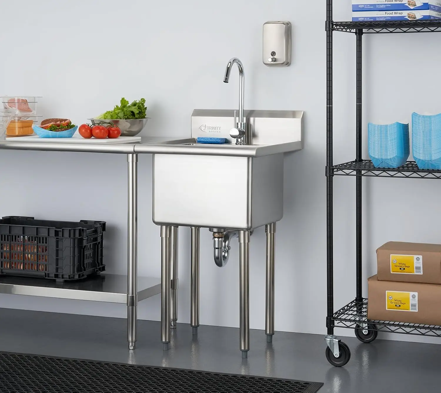 BASICS Stainless Steel Freestanding Single Bowl Utility Sink with Faucet, NSF Certified, For Garage, Laundry, Customized