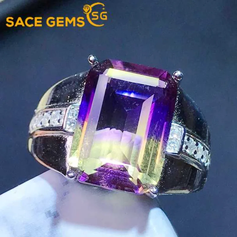 

SACE GEMS New Arrival Resizable 10*14MM Natural Ametrine Luxury Ring for Man 925 Sterling Silver Wedding Engagement Fine Jewelry