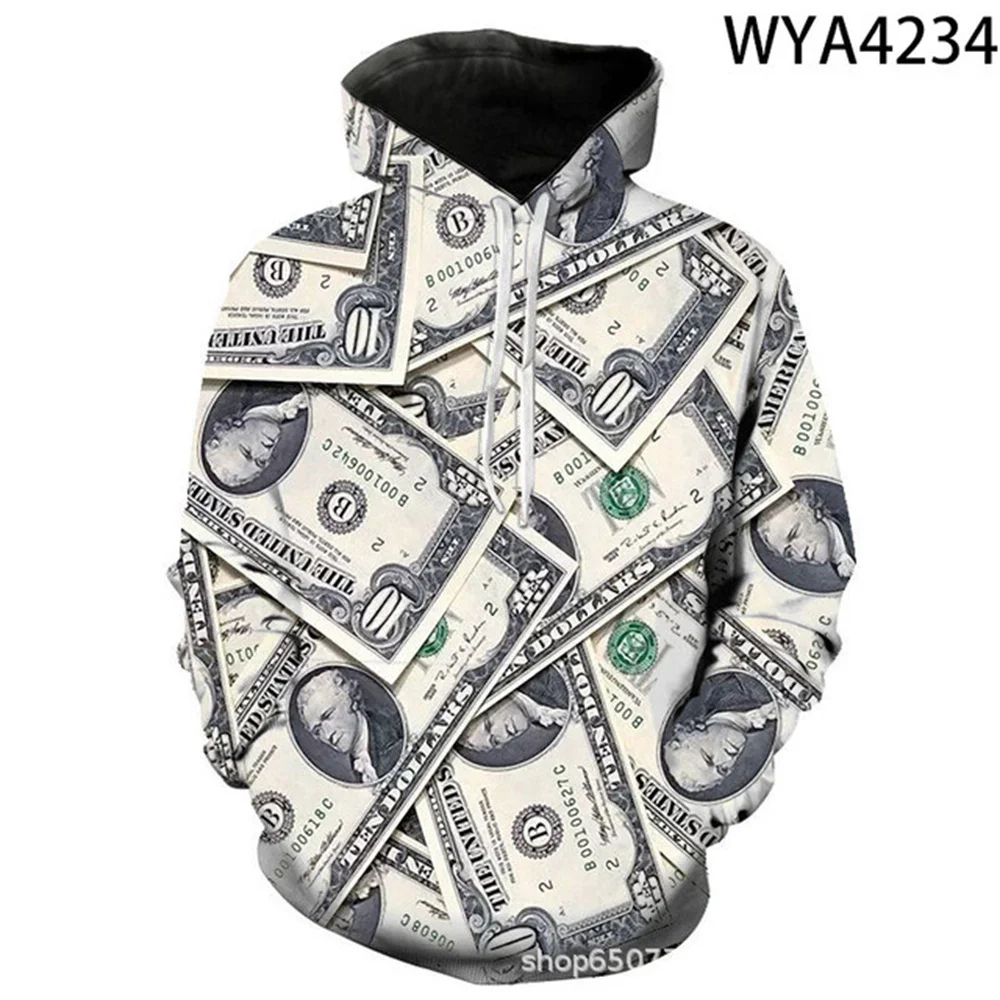 

Spring and Autumn New Hoodies 3D Printed Dollar Bill Pattern Sweatshirts Men and Women Fashion Casual Personality Streetwear Loo