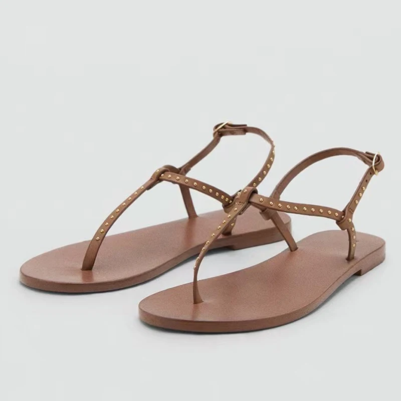 

Liyke Summer Rome Gladiator Sandals Women Flip Flops Fashion Metal Rivet Narrow Band Flat Shoes Woman Casual Beach Sandalias