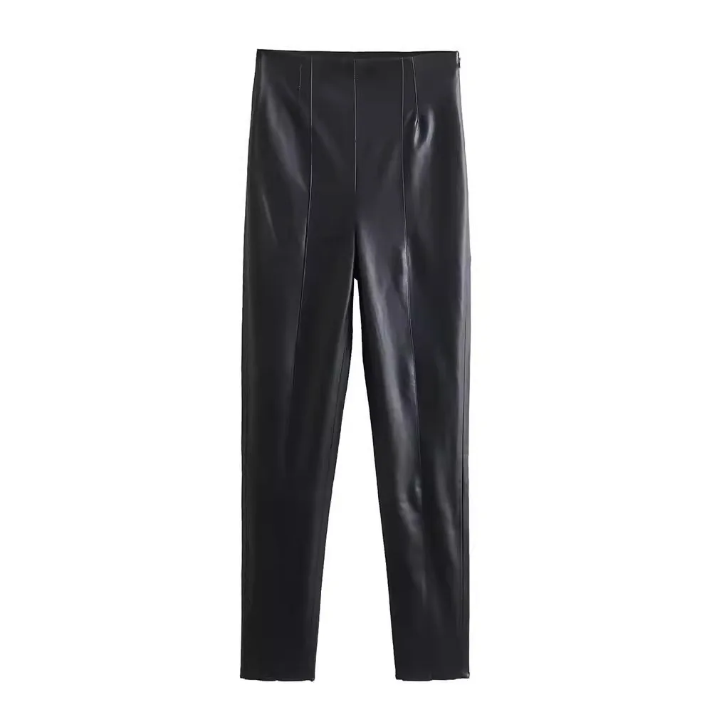 2024 Spring and Summer New Product Women\'s Fashion and Temperament Solid Color Imitation Leather Bottom Pants