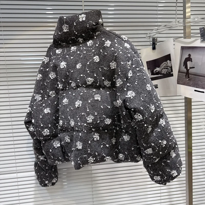 Winter New Fashion Sequins Cotton-Padded Jacket Coffee Color Gray Women Short Cotton Parkas Stand Collar Long Sleeve Cotton Coat