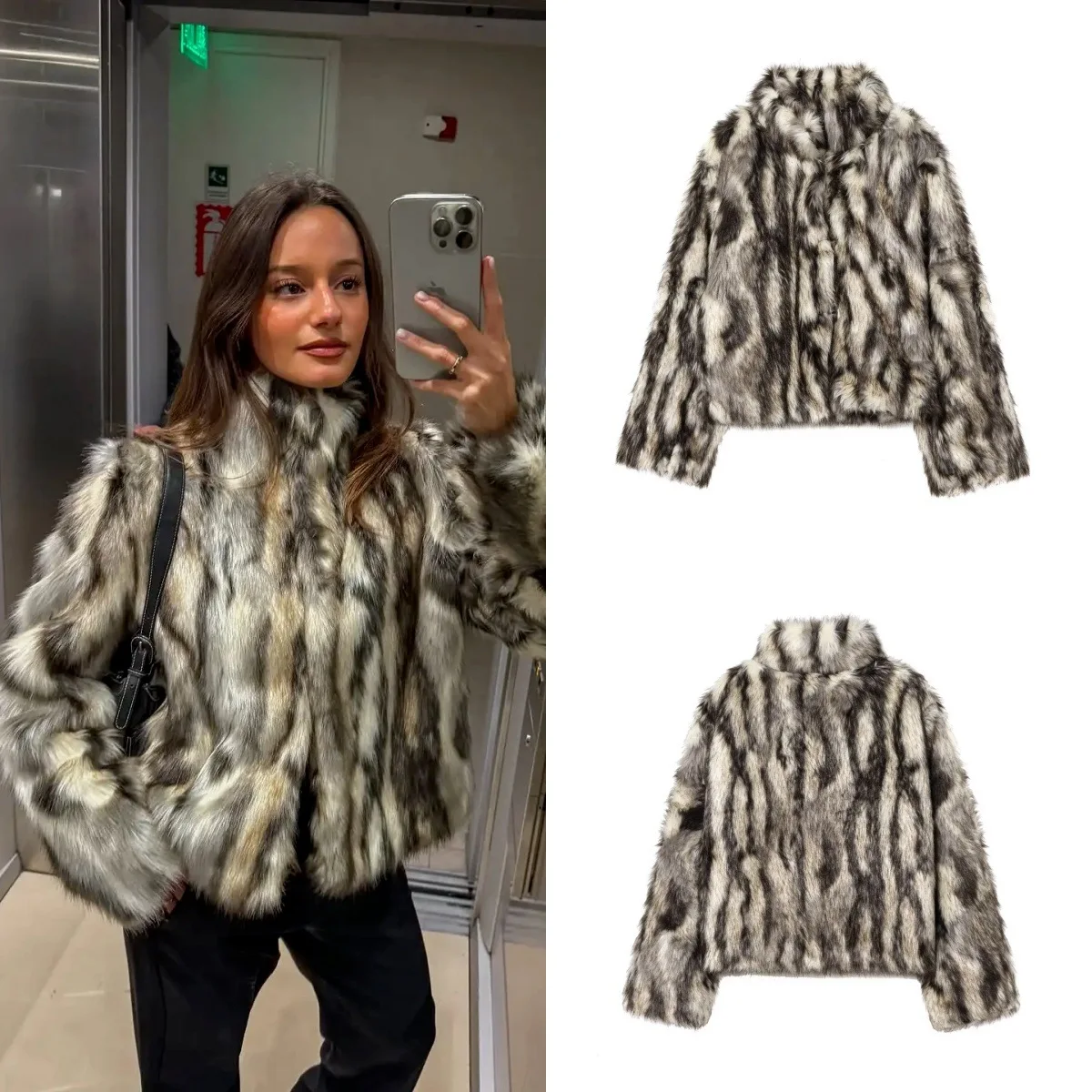 

Зимнее уличное модное пальто с эффектом искусственного меха, куртка с длинными рукавами и высоким воротником на скрытых пуговицах, повседневные короткие пальто в стиле ретро с принтом